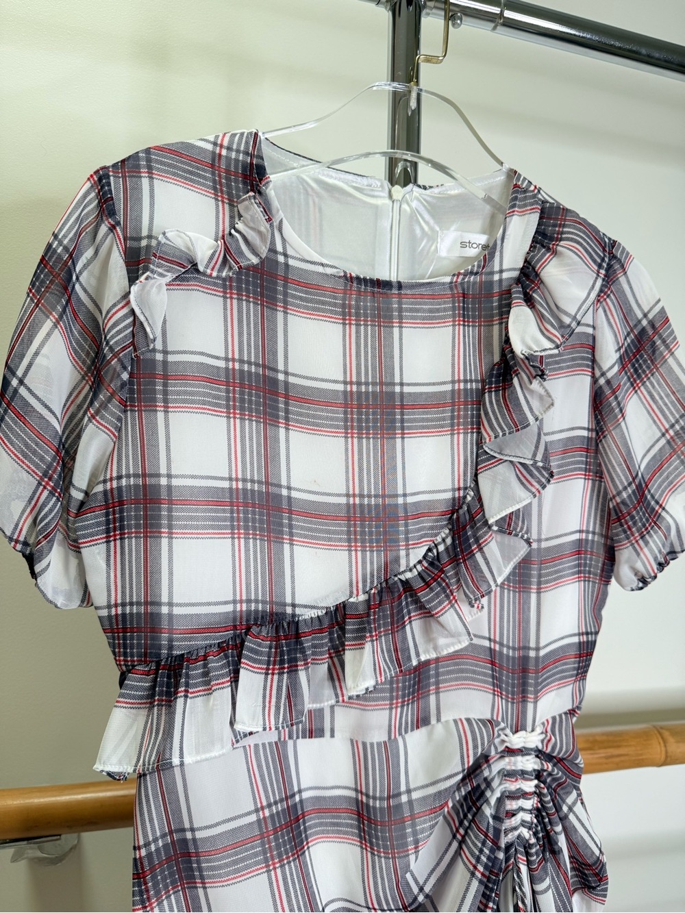 Storets Plaid Ruffle Ruched Midi Dress Small - Picture 2 of 4